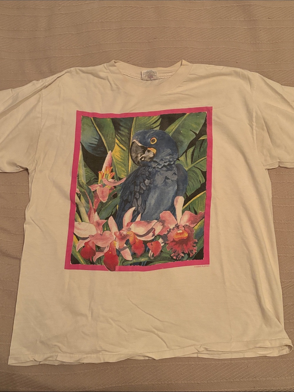 Vintage Cherie Flippen Blue Macaw Graphic Tee on a Made In USA TSF SW blank